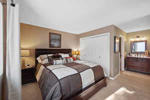 Bedroom featuring sink, a closet, and light colored carpet