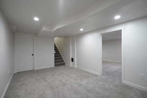 Basement with light colored carpet