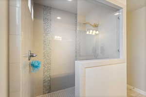 Bathroom featuring a shower and tile patterned floors