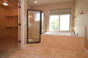 Bathroom with separate shower and tub and tile patterned floors