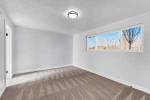 Carpeted empty room featuring a textured ceiling