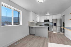 Kitchen with appliances with stainless steel finishes, a water view, kitchen peninsula, white cabinets, and sink