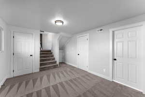 Basement featuring carpet floors and a textured ceiling