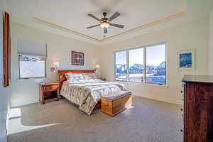 Bedroom featuring light colored carpet, a raised ceiling, ceiling fan, and ornamental molding