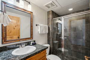 Bathroom with toilet, an enclosed shower, and vanity