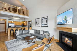 Living room featuring high vaulted ceiling and light hardwood / wood-style flooring