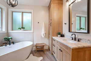 Bathroom with a bath, a healthy amount of sunlight, vanity, and hardwood / wood-style flooring