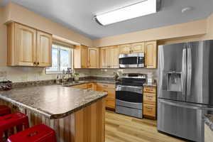 Kitchen featuring kitchen peninsula, a breakfast bar, light wood-type flooring, appliances with stainless steel finishes, and sink