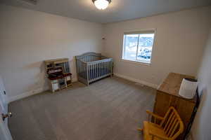 Bedroom featuring a nursery area, a textured ceiling, and carpet flooring