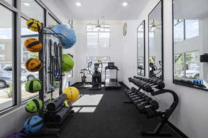 Exercise room featuring ceiling fan and a wealth of natural light