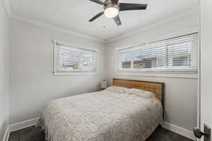 Carpeted bedroom featuring ceiling fan and ornamental molding