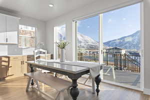 Dining area featuring mountain views