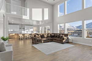 Great room featuring mountain views