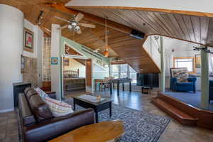 Living room featuring wooden ceiling and a healthy amount of natural light