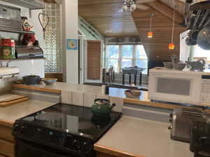 Kitchen with a healthy amount of sunlight, black electric range