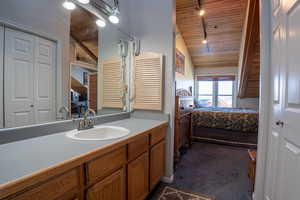 Bathroom with vaulted ceiling and skylight