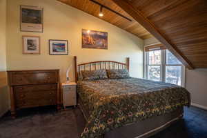 Primary bedroom with lofted ceiling, track lighting, wood ceiling