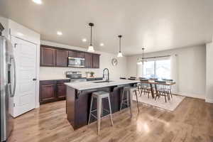 Kitchen with decorative light fixtures, sink, a kitchen island with sink, appliances with stainless steel finishes, and dark brown cabinetry