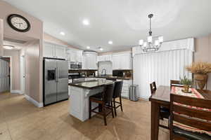 Kitchen featuring white cabinets, sink, appliances with stainless steel finishes, tasteful backsplash, and a kitchen island