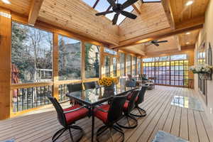 Screen enclosed deck featuring ceiling fans, retractable window shades and a skylight