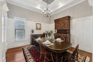 Dining area with a tiered ceiling, hardwood flooring, a chandelier, and ornamental wainscoting