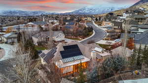 Aerial view of the back of the house at dusk