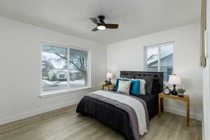 Bedroom with ceiling fan, light hardwood / wood-style flooring, and multiple windows