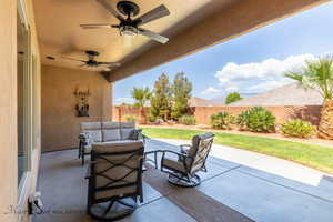 View of patio / terrace featuring ceiling fan and an outdoor living space