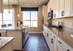 Kitchen featuring dark hardwood / wood-style floors, decorative light fixtures, stainless steel appliances, an island with sink, and white cabinets