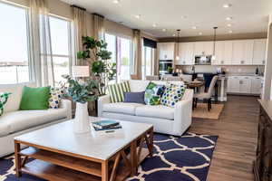 Living room with dark wood-type flooring