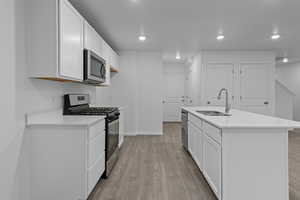 Kitchen with sink, stainless steel appliances, an island with sink, and white cabinets