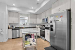 Kitchen with appliances with stainless steel finishes, light hardwood / wood-style flooring, a kitchen island, and sink