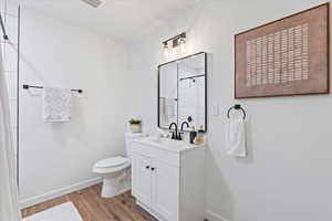 Bathroom with toilet, wood-type flooring, vanity, and a shower