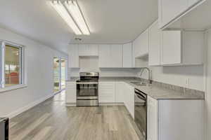 Newly updated kitchen cabinets, quartz countertops, sink and faucet