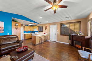 Living room with ceiling fan, dark hardwood / wood-style flooring, a textured ceiling, lofted ceiling, and sink