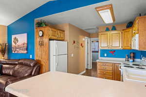 Kitchen featuring white appliances, vaulted ceiling, kitchen peninsula, dark wood-type flooring, and a textured ceiling