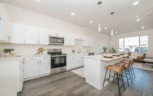 Kitchen featuring pendant lighting, appliances with stainless steel finishes, a kitchen island, white cabinetry, and dark hardwood / wood-style flooring