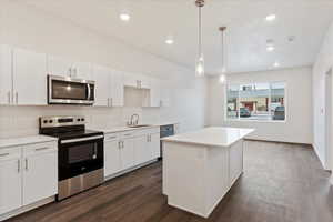 Kitchen with stainless steel appliances, hanging light fixtures, a kitchen island, white cabinets, and sink