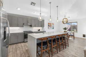 Kitchen with a center island with sink, appliances with stainless steel finishes, gray cabinetry, pendant lighting, and sink