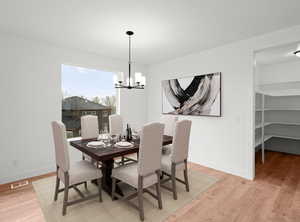 Dining area featuring an inviting chandelier, visible vents, light wood-style flooring, and baseboards