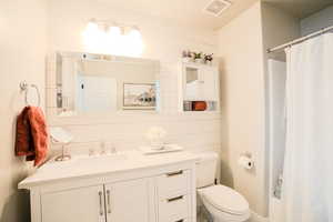 Bathroom with toilet, a shower with curtain, wooden walls, and vanity