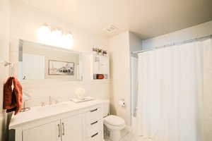 Bathroom featuring a shower with curtain, wood walls, vanity, and toilet