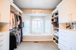 Walk in closet featuring light carpet