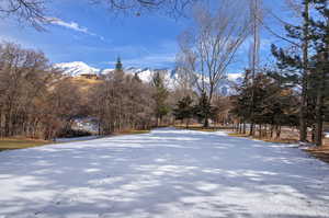 Snowy yard with a mountain view