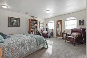 Bedroom featuring carpet floors and a textured ceiling