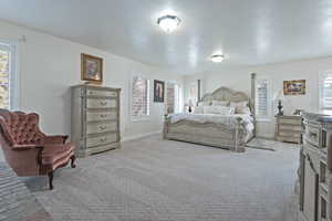 Carpeted bedroom featuring a textured ceiling