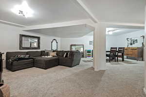 Living room featuring light colored carpet