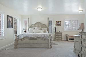 Bedroom featuring light carpet and a textured ceiling