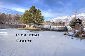 Yard covered in snow featuring a mountain view and a playground