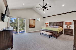 Carpeted bedroom with high vaulted ceiling and access to exterior